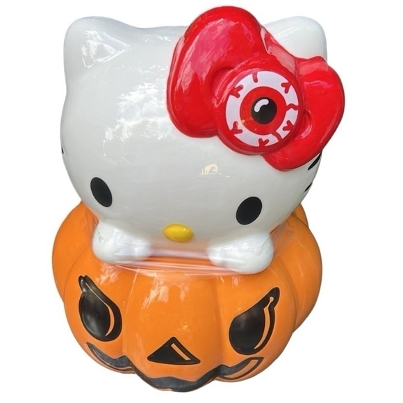 Hello Kitty Pumpkin Ceramic Cookie Jar NEW Orange Jack O Lantern Halloween - Picture 1 of 2